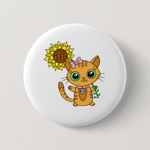 Cute Orange Kawaii Cat with Sunflower 6 Cm Round Badge