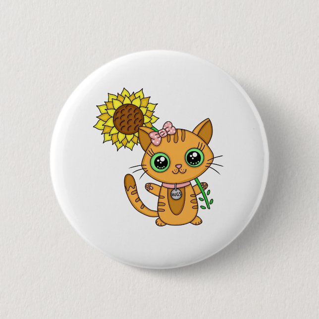 Cute Orange Kawaii Cat with Sunflower 6 Cm Round Badge (Front)