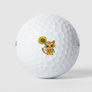 Cute Orange Kawaii Cat with Sunflower Golf Balls