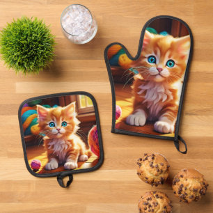 Cute Orange Kitten Art Oven Mitt & Pot Holder Set