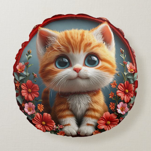 Cute Orange Kitten Framed With Decorative Flowers Round Cushion (Front)