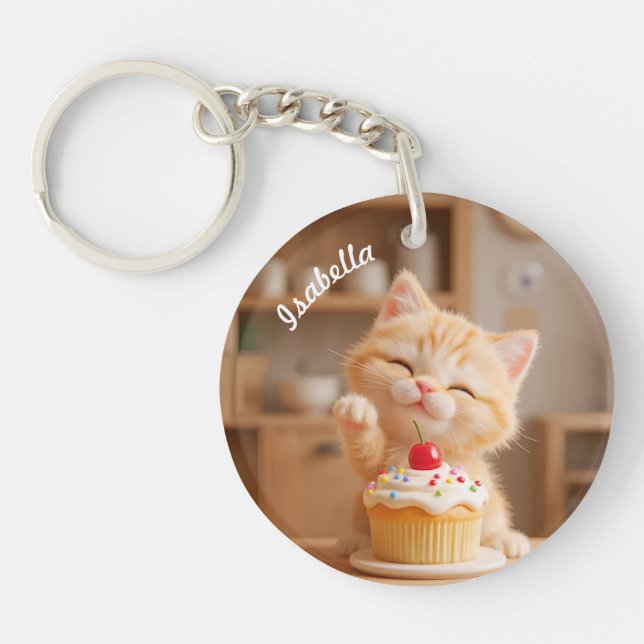 Cute Orange Kitten with a Cupcake Key Ring (Front)