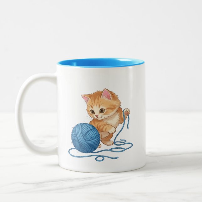 Cute Orange Kitten with Yarn Ball Two-Tone Coffee Mug (Left)