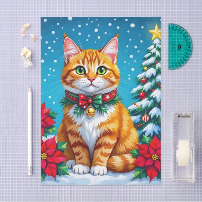 Cute Orange Kitty Cat and Poinsettia Christmas Tissue Paper (Craft)