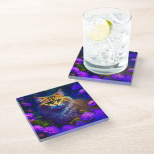 Cute Orange Kitty Cat in Flowers Glass Coaster