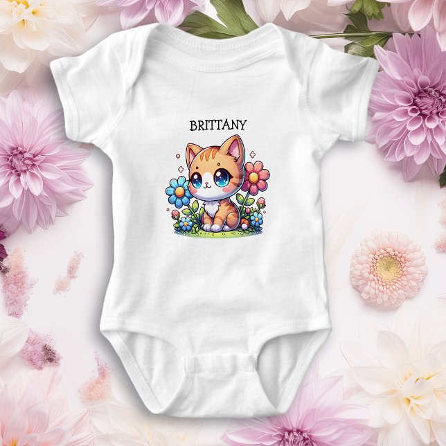 Cute  Orange Kitty Cat in Flowers Personalised Baby Bodysuit (Creator Uploaded)