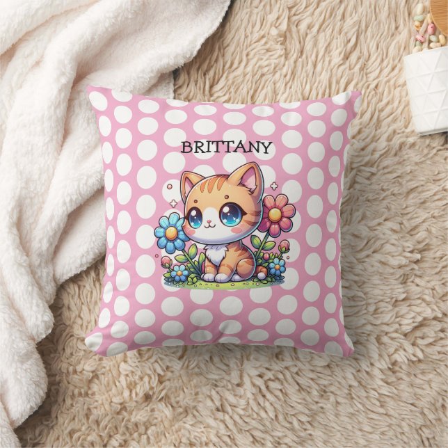 Cute  Orange Kitty Cat in Flowers Personalised Cushion (Blanket)