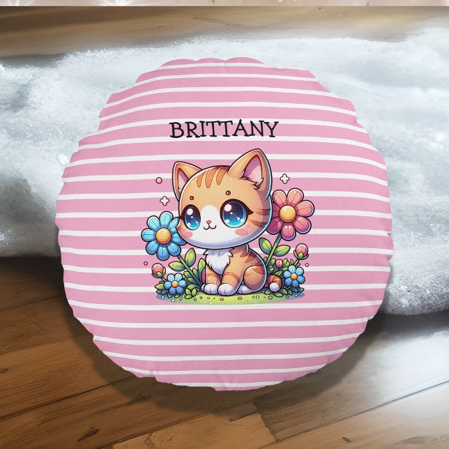 Cute  Orange Kitty Cat in Flowers Personalised Round Cushion (Creator Uploaded)
