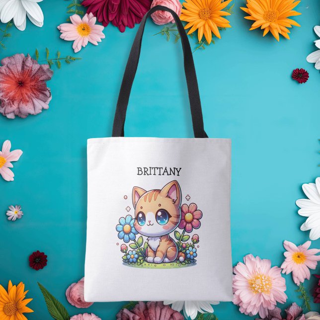 Cute  Orange Kitty Cat in Flowers Personalised Tote Bag (Creator Uploaded)