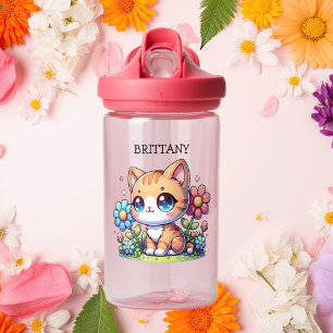 Cute Orange Kitty Cat in Flowers Personalised Water Bottle