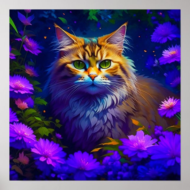Cute Orange Kitty Cat in Flowers Poster (Front)
