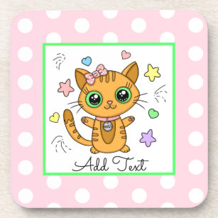 Cute Orange Kitty Cat pink Polka Dot Coaster
