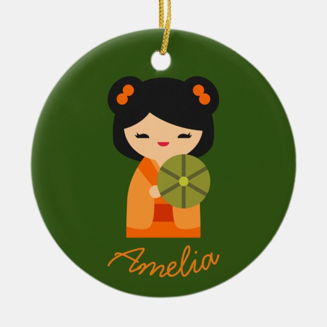 Cute orange Kokeshi Japanese dolls Ceramic Tree Decoration (Front)