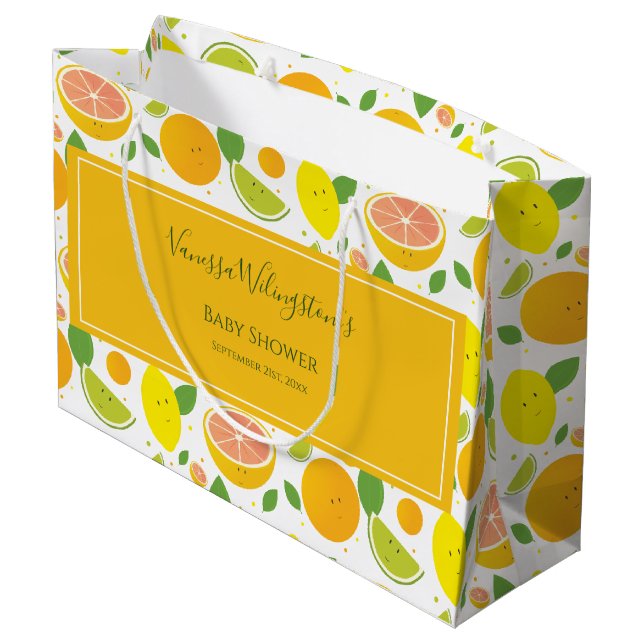 Cute Orange Lemon Citrus Fruit Baby Shower Large Gift Bag (Back Angled)
