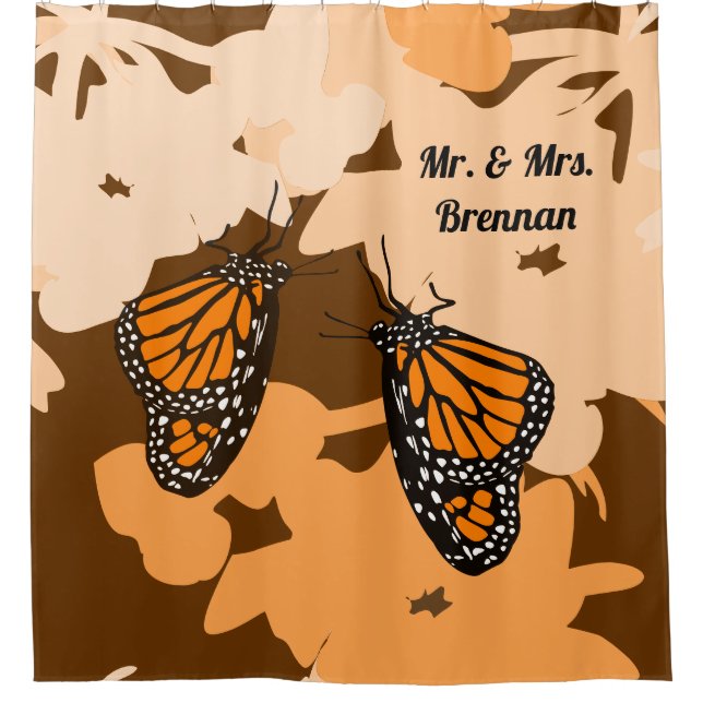 Cute Orange Mr & Mrs Monarch Butterfly Pair Shower Curtain (Front)