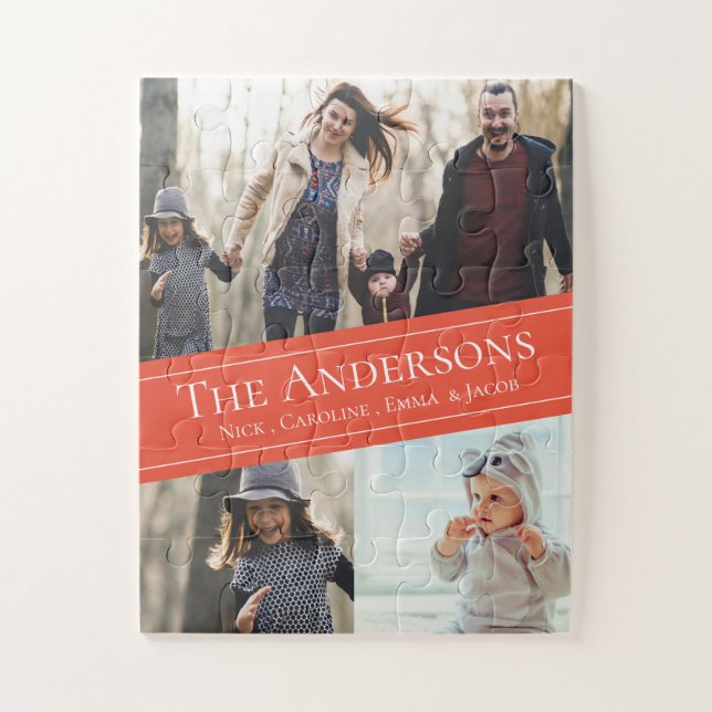 Cute Orange Multi Photo Collage Family Name Jigsaw Puzzle (Vertical)