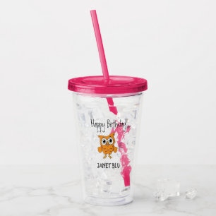 Cute orange owl happy birthday acrylic tumbler