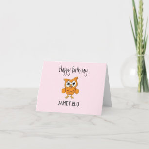 Cute orange owl happy birthday on pink card