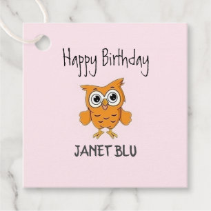 Cute orange owl happy birthday on pink favour tags