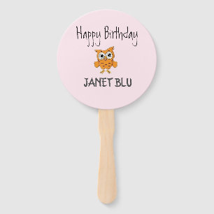 Cute orange owl happy birthday on pink hand fan