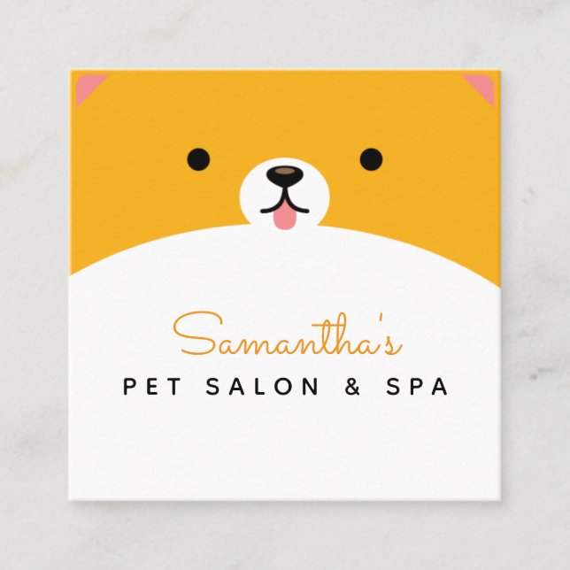 Cute Orange Pet Face Animal Care Salon Spa Modern  Square Business Card (Front)