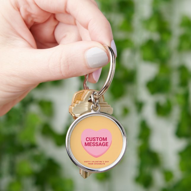 Cute orange pink custom message conversation heart key ring (Hand)
