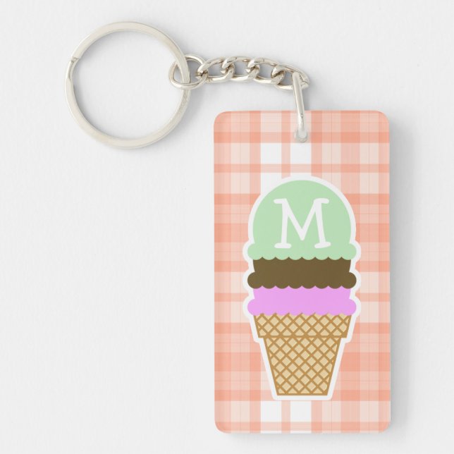 Cute Orange Plaid; Ice Cream Cone Key Ring (Front)
