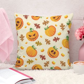 Cute Orange Pumpkin Autumn Leaf Pattern Cushion