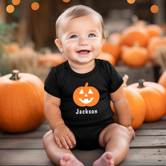 Cute Orange Pumpkin Custom Name Halloween Baby Bodysuit (Creator Uploaded)