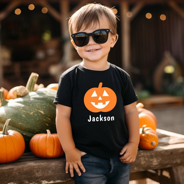 Cute Orange Pumpkin Custom Name Halloween Toddler T-Shirt (Creator Uploaded)