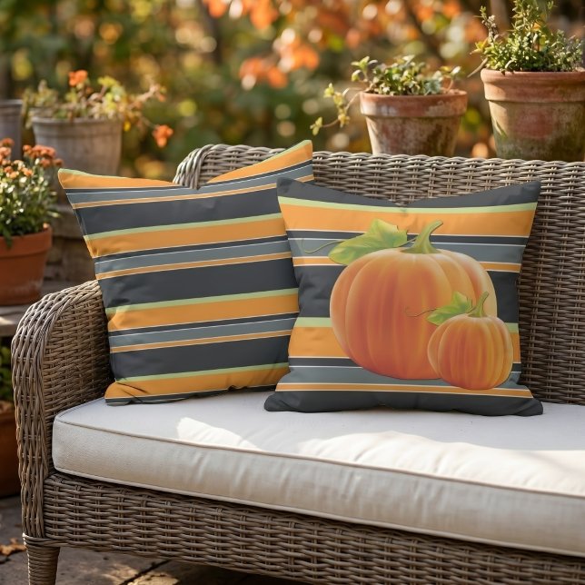 Cute Orange Pumpkin On Vibrant Stripes Pattern Cushion (Creator Uploaded)