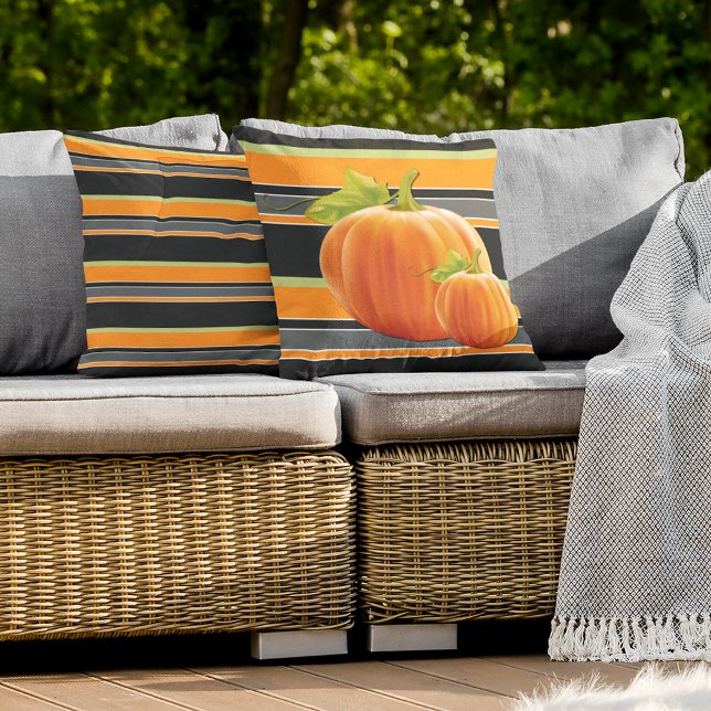 Cute Orange Pumpkin On Vibrant Stripes Pattern Cushion (Creator Uploaded)