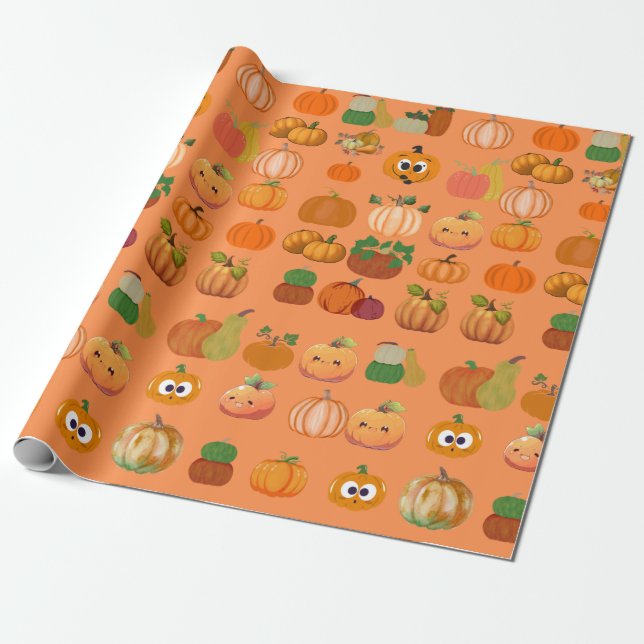Cute Orange Pumpkin Pattern Wrapping Paper (Unrolled)