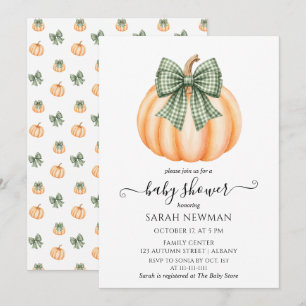 Cute Orange Pumpkin & Plaid Bow Baby Shower Invitation