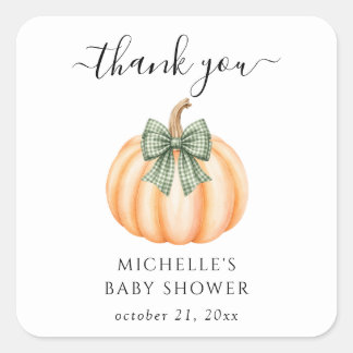 Cute Orange Pumpkins Bow Baby Shower Thank You Square Sticker