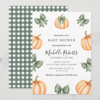 Cute Orange Pumpkins Green Plaid Baby Shower Invitation