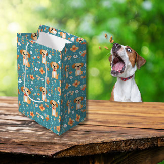 Cute Orange Puppy & Floral Pattern – Playful Dog Medium Gift Bag