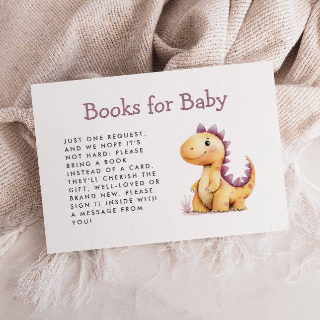 Cute Orange Purple Dinosaur Baby Shower Books Enclosure Card (Creator Uploaded)