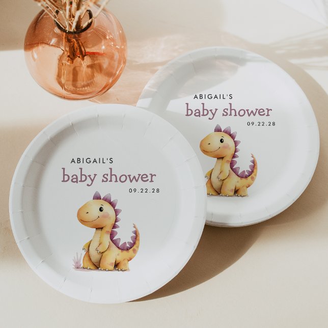 Cute Orange Purple Dinosaur Baby Shower Paper Plate (Creator Uploaded)