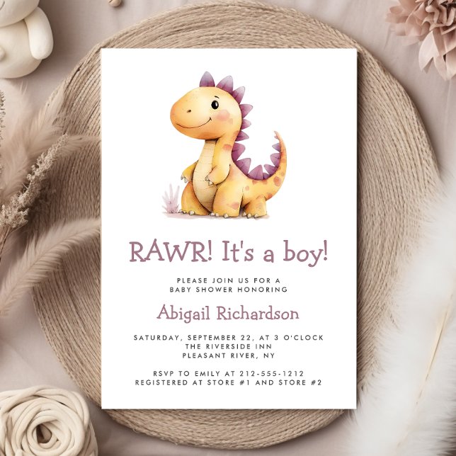 Cute Orange Purple Dinosaur Boy Baby Shower Invitation (Creator Uploaded)