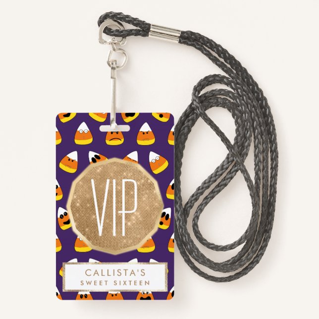 Cute Orange Purple Halloween Emoji Candy Corn ID Badge (Front with Lanyard)
