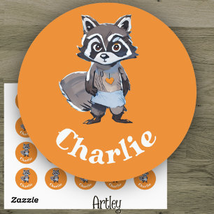 Cute Orange Racoon Doodle Art Name Label