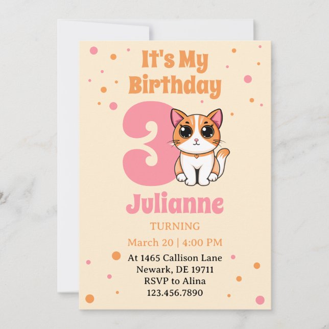 Cute Orange Rose Tabby Kitten Birthday Invitation (Front)