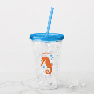 Cute orange seahorse bubbles cartoon illustration acrylic tumbler