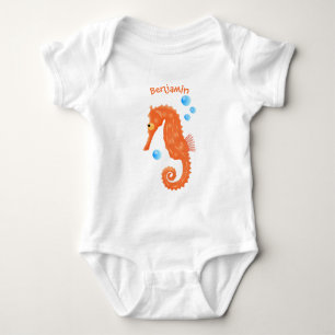 Cute orange seahorse bubbles cartoon illustration baby bodysuit