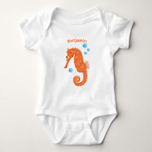 Cute orange seahorse bubbles cartoon illustration baby bodysuit