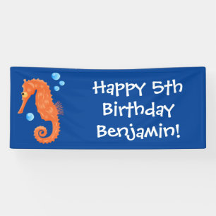 Cute orange seahorse bubbles cartoon illustration banner