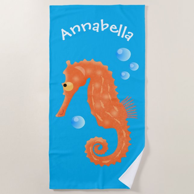 Cute orange seahorse bubbles cartoon illustration beach towel (Front)