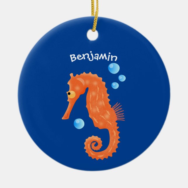 Cute orange seahorse bubbles cartoon illustration ceramic tree decoration (Front)