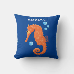 Cute orange seahorse bubbles cartoon illustration cushion